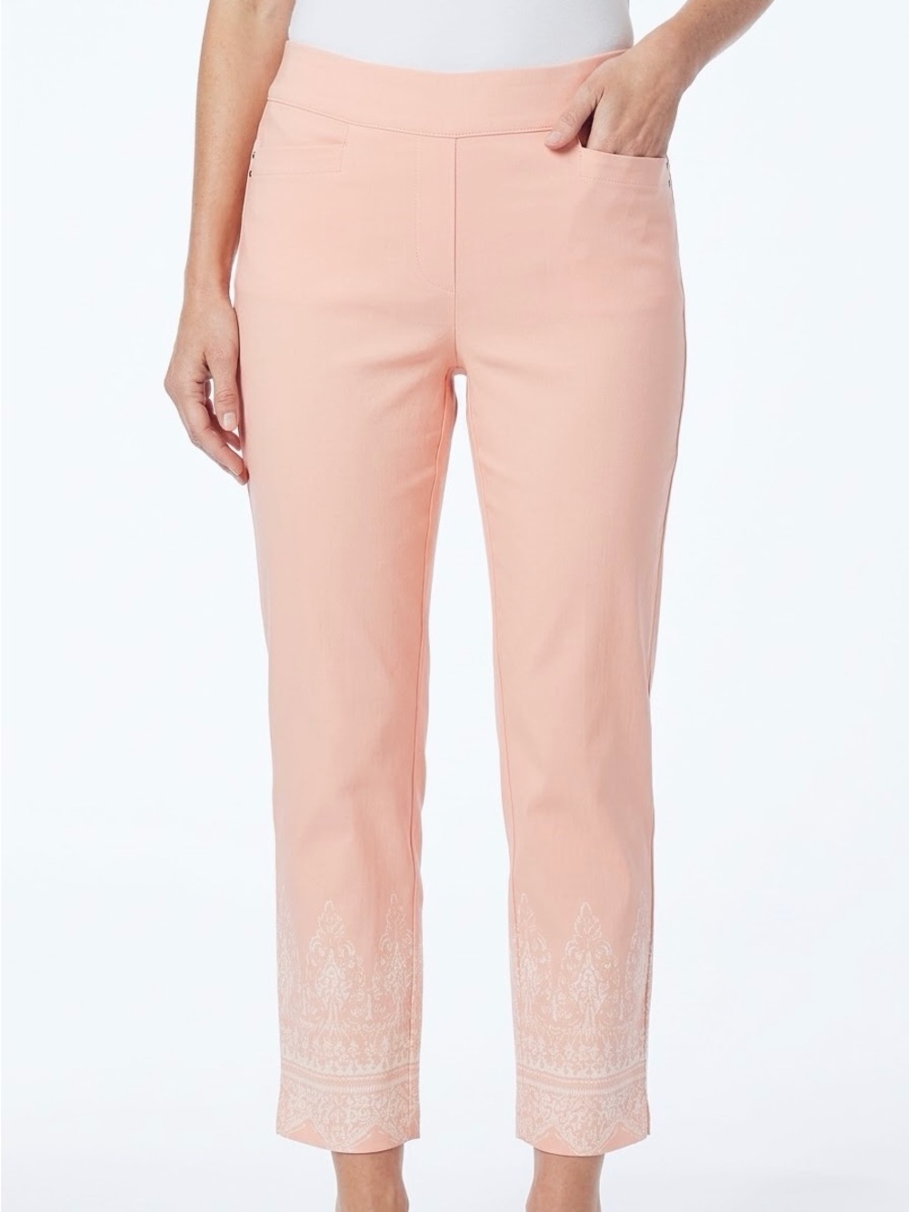 89th & MADISON Stretchy Pull-On Blush Pink White Floral Hem Ponte Pants — #LHP